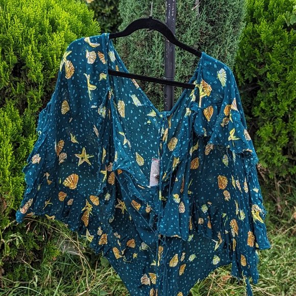 Free People Seashell Teal Combo open back mini dress NWT sz Lg - Picture 5 of 9